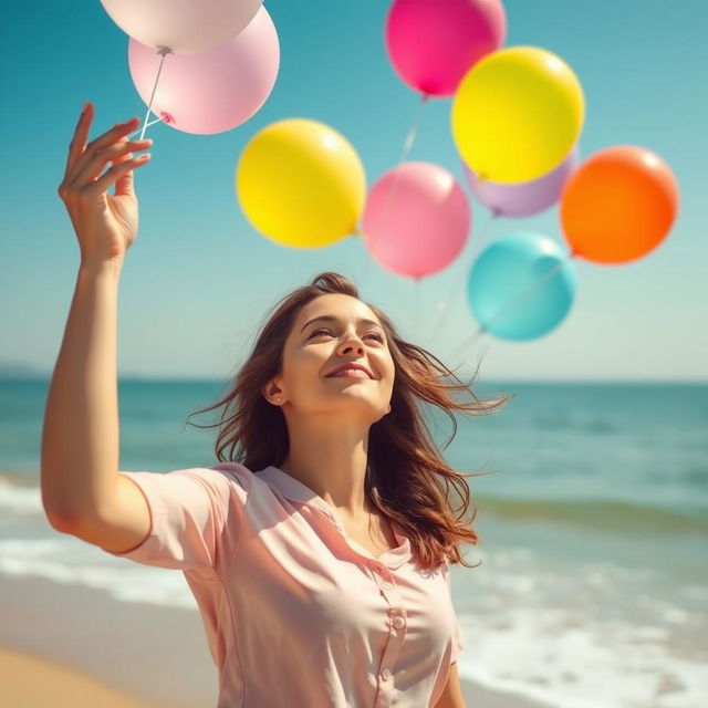 A woman releasing colorful balloons into the sky