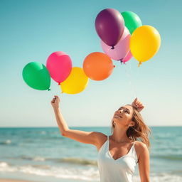 A woman letting colorful balloons slip from her hand and rise into the sky