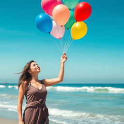 A woman letting colorful balloons slip from her hand and rise into the sky
