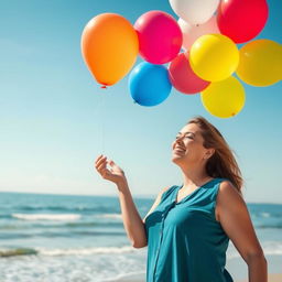 A woman letting colorful balloons slip from her hand and rise into the sky