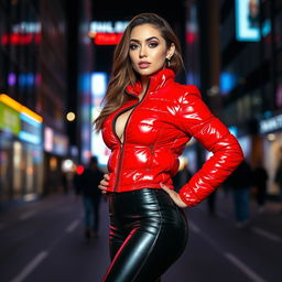 A captivating slim woman with large breasts, exuding confidence in a shiny red tight puffer jacket that perfectly fits her figure, along with sleek black latex leggings that enhance her curves