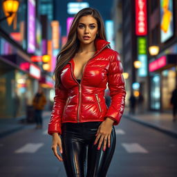 A captivating slim woman with large breasts, exuding confidence in a shiny red tight puffer jacket that perfectly fits her figure, along with sleek black latex leggings that enhance her curves