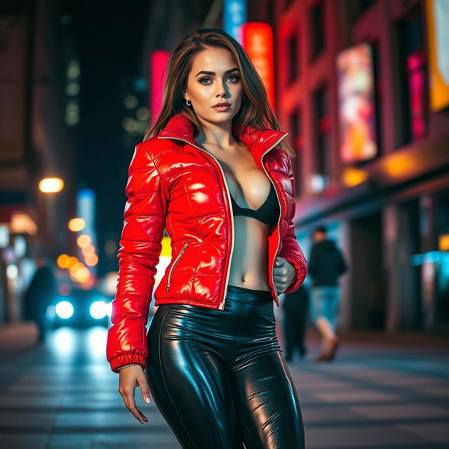 A captivating slim woman with large breasts, exuding confidence in a shiny red tight puffer jacket that perfectly fits her figure, along with sleek black latex leggings that enhance her curves