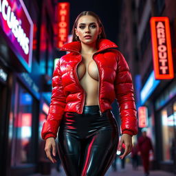 A striking slim woman with pronounced curves, showcasing her large breasts in a shiny red tight puffer jacket that perfectly molds to her figure, complemented by form-fitting black latex leggings that enhance her silhouette