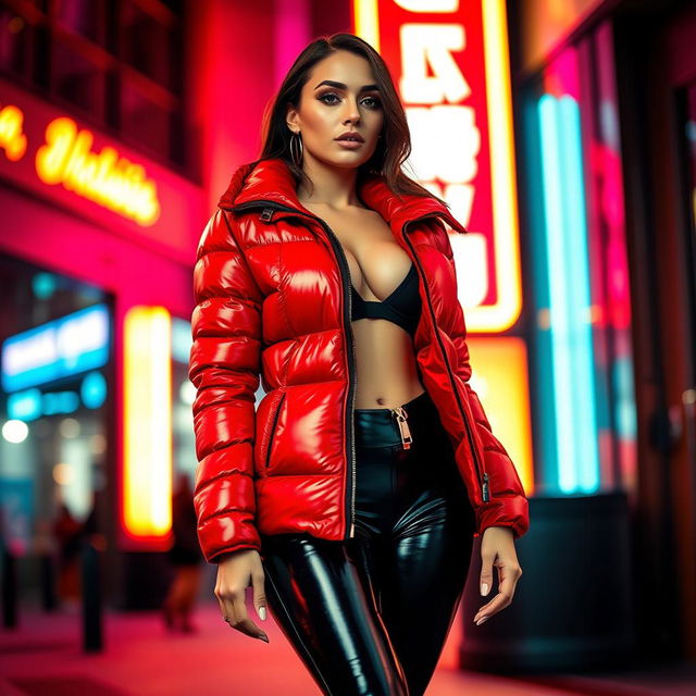 A striking slim woman with pronounced curves, showcasing her large breasts in a shiny red tight puffer jacket that perfectly molds to her figure, complemented by form-fitting black latex leggings that enhance her silhouette