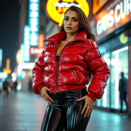 A striking slim woman with pronounced curves, showcasing her large breasts in a shiny red tight puffer jacket that perfectly molds to her figure, complemented by form-fitting black latex leggings that enhance her silhouette