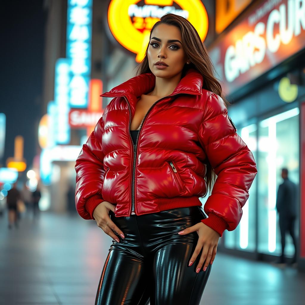 A striking slim woman with pronounced curves, showcasing her large breasts in a shiny red tight puffer jacket that perfectly molds to her figure, complemented by form-fitting black latex leggings that enhance her silhouette