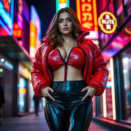 An alluring slim woman with impressive curves, highlighting her large breasts in a shiny red tight puffer jacket that clings to her figure, complemented by sleek black latex leggings that enhance her shape