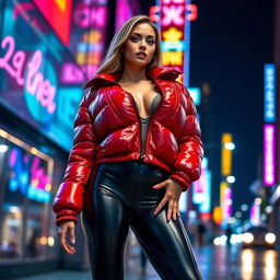 An alluring slim woman with impressive curves, highlighting her large breasts in a shiny red tight puffer jacket that clings to her figure, complemented by sleek black latex leggings that enhance her shape