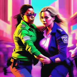 A high-quality digital art piece capturing a female city police commissioner in high-octane action within a cityscape