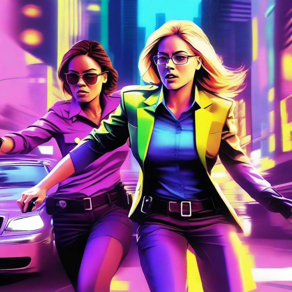 A high-quality digital art piece capturing a female city police commissioner in high-octane action within a cityscape