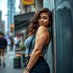 A captivating scene featuring an attractive woman with a curvy physique, prominently displaying a voluptuous figure as she confidently leans against a stylish urban backdrop