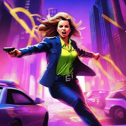 A high-quality digital art piece featuring a strong female city police commissioner performing a high-octane, dangerous stunt amidst a cityscape