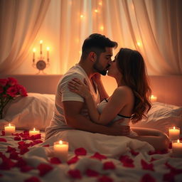 A romantic and intimate scene depicting a couple in a softly lit bedroom, surrounded by rose petals and candles