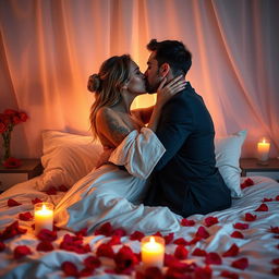 A romantic and intimate scene depicting a couple in a softly lit bedroom, surrounded by rose petals and candles