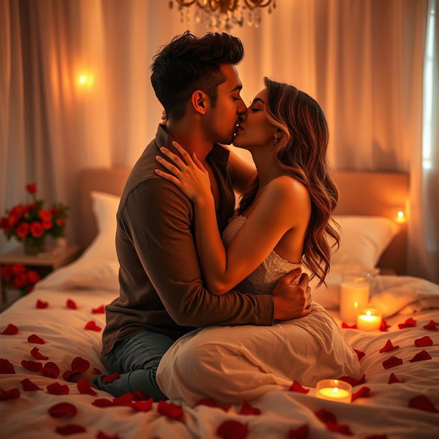 A romantic and intimate scene depicting a couple in a softly lit bedroom, surrounded by rose petals and candles