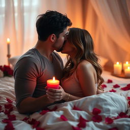 A romantic and intimate scene depicting a couple in a softly lit bedroom, surrounded by rose petals and candles