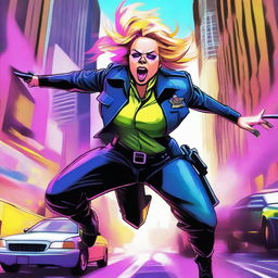 A high-quality digital art piece featuring a strong female city police commissioner performing a high-octane, dangerous stunt amidst a cityscape