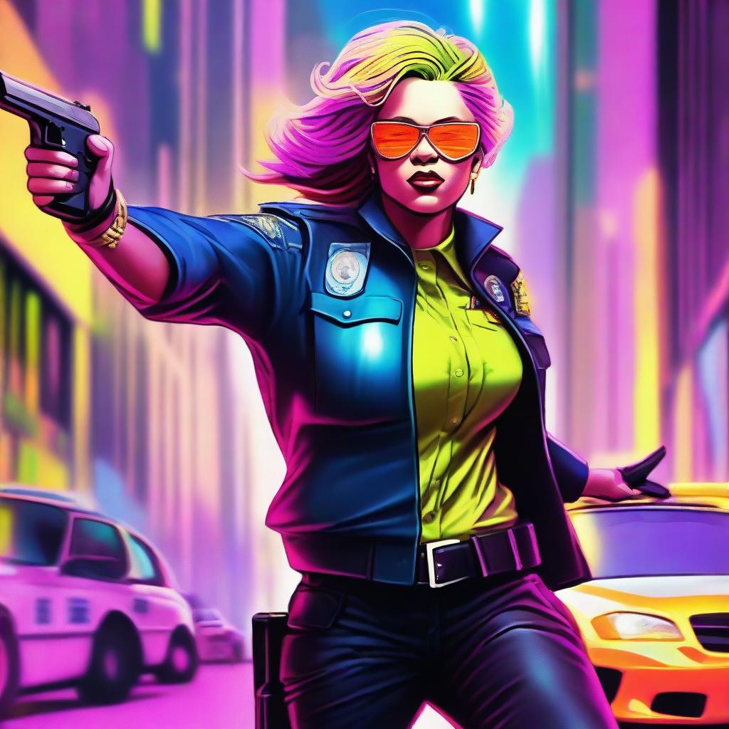 A high-quality digital art piece featuring a strong female city police commissioner performing a high-octane, dangerous stunt amidst a cityscape