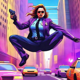 A high-quality digital art piece featuring a strong female city police commissioner performing a high-octane, dangerous stunt amidst a cityscape