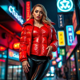A captivating slim woman with prominent curves, accentuating her large breasts in a shiny red tight puffer jacket that hugs her body, paired with sleek black latex leggings that showcase her slim legs and shape