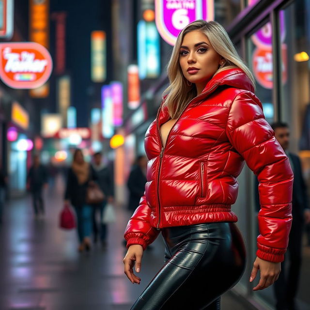 A captivating slim woman with prominent curves, accentuating her large breasts in a shiny red tight puffer jacket that hugs her body, paired with sleek black latex leggings that showcase her slim legs and shape