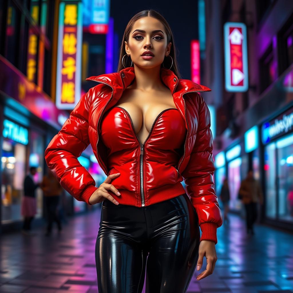 A captivating slim woman with prominent curves, accentuating her large breasts in a shiny red tight puffer jacket that hugs her body, paired with sleek black latex leggings that showcase her slim legs and shape