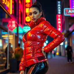 A stunning slim woman with large breasts, confidently wearing a shiny red tight puffer jacket that accentuates her curves, paired with sleek black latex leggings that highlight her figure
