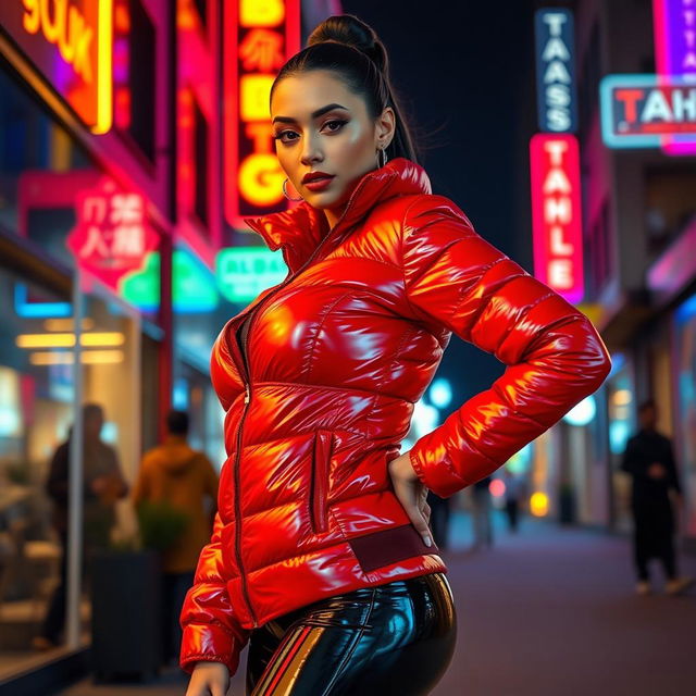 A stunning slim woman with large breasts, confidently wearing a shiny red tight puffer jacket that accentuates her curves, paired with sleek black latex leggings that highlight her figure