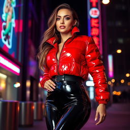 A stunning slim woman with large breasts, confidently wearing a shiny red tight puffer jacket that accentuates her curves, paired with sleek black latex leggings that highlight her figure