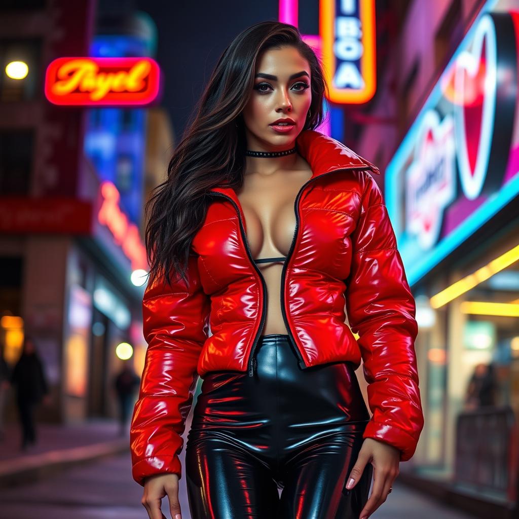 A stunning slim woman with large breasts, confidently wearing a shiny red tight puffer jacket that accentuates her curves, paired with sleek black latex leggings that highlight her figure