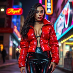 A stunning slim woman with large breasts, confidently wearing a shiny red tight puffer jacket that accentuates her curves, paired with sleek black latex leggings that highlight her figure