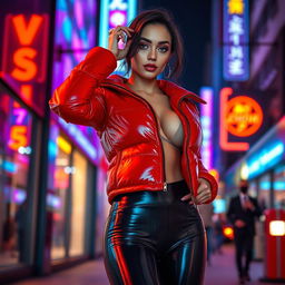 A stunning slim woman with large breasts, confidently wearing a shiny red tight puffer jacket that accentuates her curves, paired with sleek black latex leggings that highlight her figure