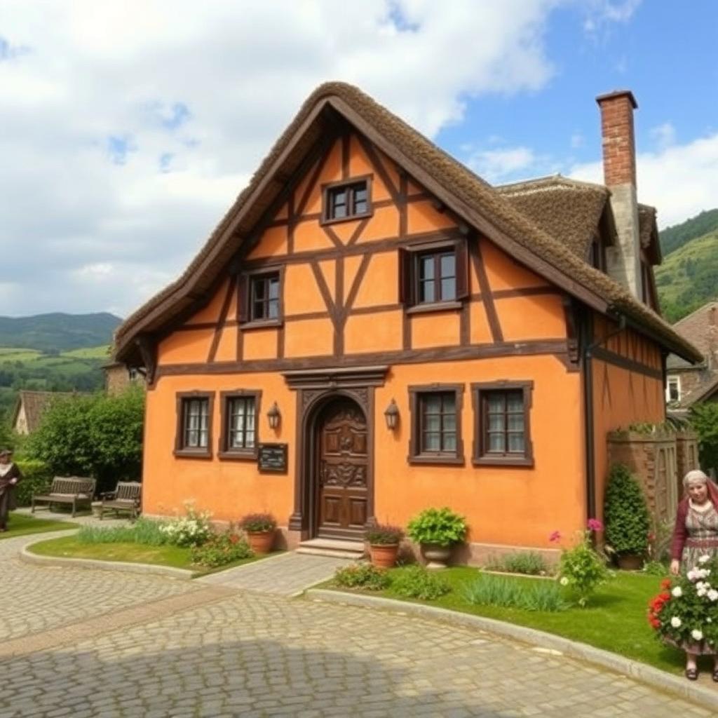 An early 17th century Austrian home, featuring rustic architecture with a thatched roof and wooden beams