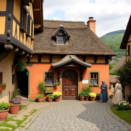 An early 17th century Austrian home, featuring rustic architecture with a thatched roof and wooden beams