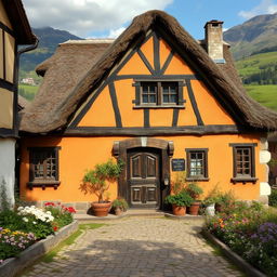 An early 17th century Austrian home, featuring rustic architecture with a thatched roof and wooden beams