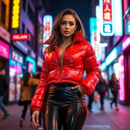 A stunning slim woman with ample curves, showcasing her large breasts in a shiny red tight puffer jacket that fits her perfectly, complemented by form-fitting black latex leggings that accentuate her slim waist and legs