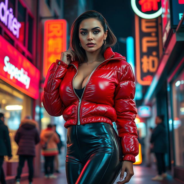 A stunning slim woman with ample curves, showcasing her large breasts in a shiny red tight puffer jacket that fits her perfectly, complemented by form-fitting black latex leggings that accentuate her slim waist and legs