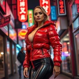 A stunning slim woman with ample curves, showcasing her large breasts in a shiny red tight puffer jacket that fits her perfectly, complemented by form-fitting black latex leggings that accentuate her slim waist and legs
