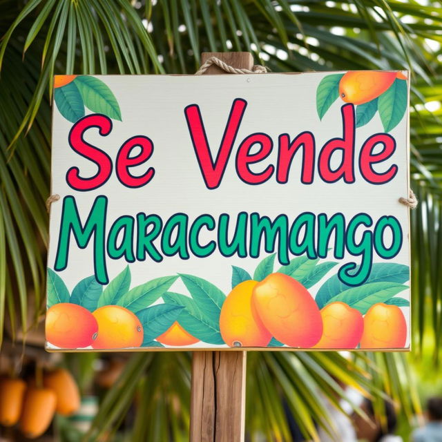 A colorful sign that reads "Se Vende Maracumango" in bold, artistic letters