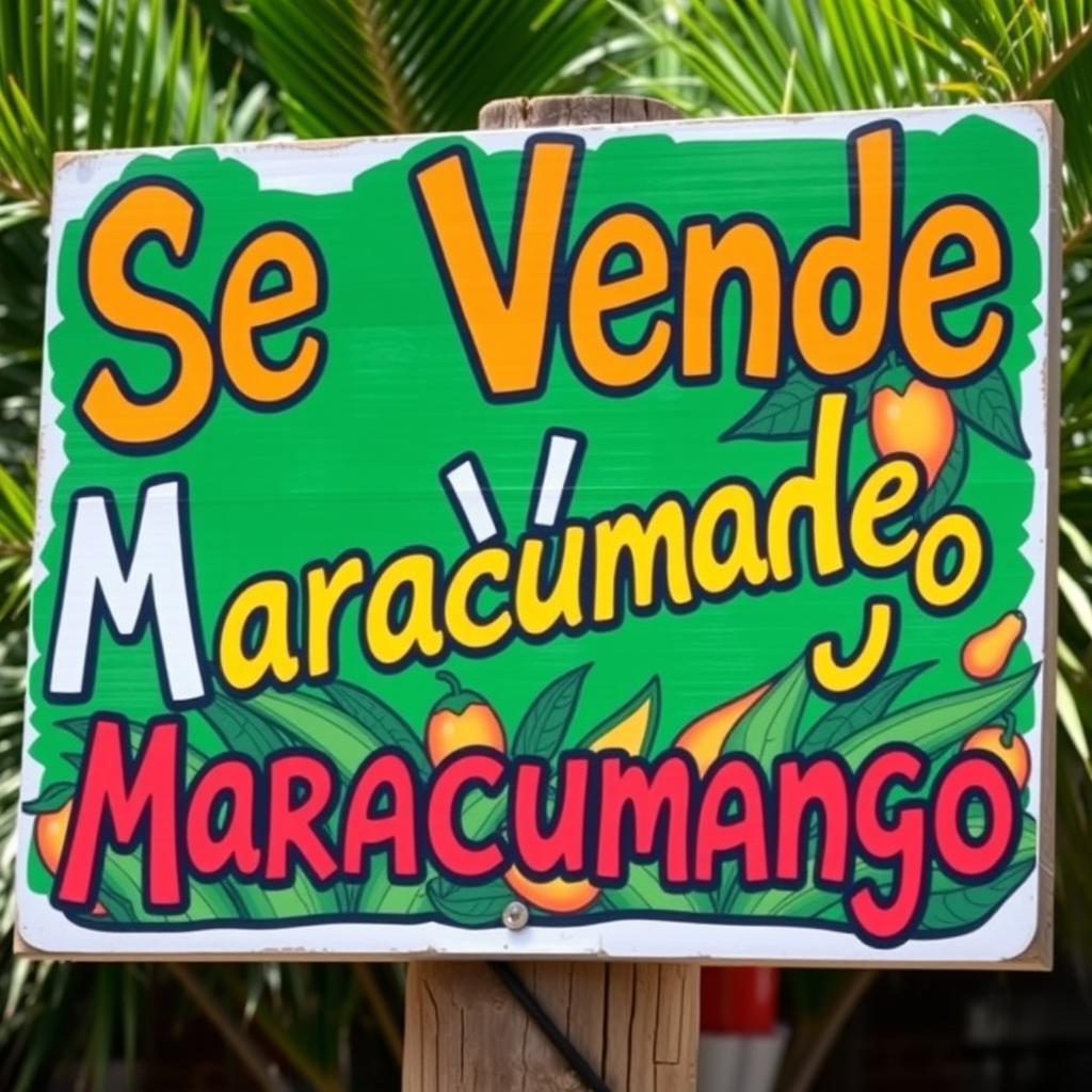 A colorful sign that reads "Se Vende Maracumango" in bold, artistic letters