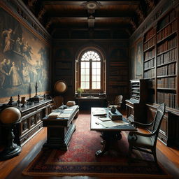 A beautifully detailed early 17th century Austrian private study, featuring rich wooden furniture, a large ornate desk cluttered with parchment, quills, and ink pots