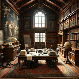 A beautifully detailed early 17th century Austrian private study, featuring rich wooden furniture, a large ornate desk cluttered with parchment, quills, and ink pots