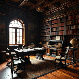 A beautifully detailed early 17th century Austrian private study, featuring rich wooden furniture, a large ornate desk cluttered with parchment, quills, and ink pots