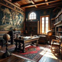 A beautifully detailed early 17th century Austrian private study, featuring rich wooden furniture, a large ornate desk cluttered with parchment, quills, and ink pots