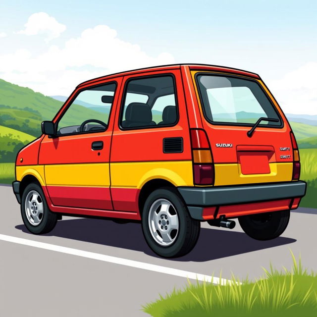 A detailed illustration of a classic 1993 Suzuki Swift, showcasing its boxy yet compact design, featuring a two-tone paint job with vibrant colors