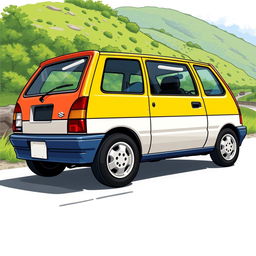 A detailed illustration of a classic 1993 Suzuki Swift, showcasing its boxy yet compact design, featuring a two-tone paint job with vibrant colors