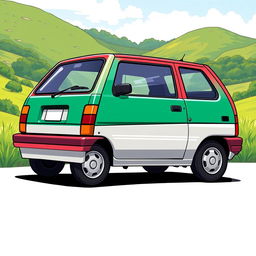 A detailed illustration of a classic 1993 Suzuki Swift, showcasing its boxy yet compact design, featuring a two-tone paint job with vibrant colors