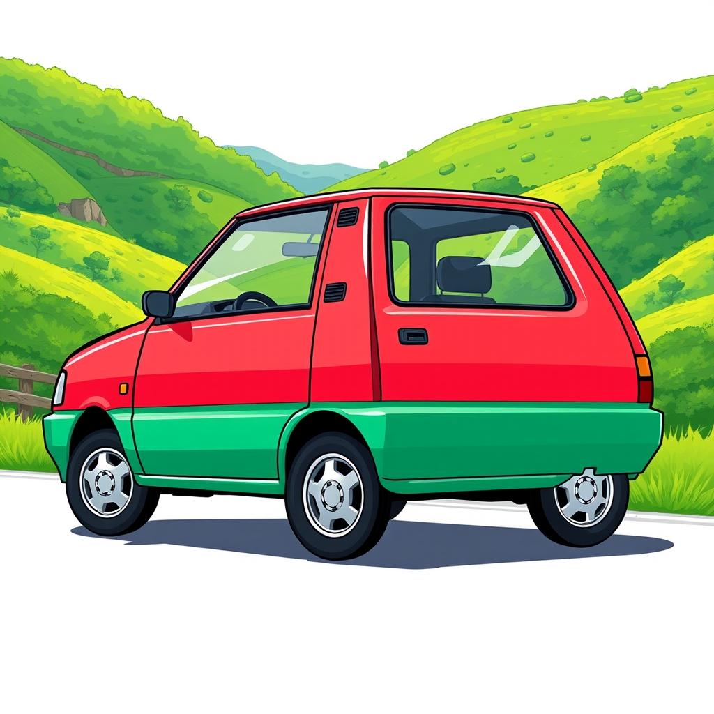 A detailed illustration of a classic 1993 Suzuki Swift, showcasing its boxy yet compact design, featuring a two-tone paint job with vibrant colors