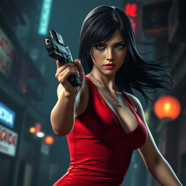 A stunning and fierce portrait of Ada Wong, the iconic character from Resident Evil, showcasing her in a high-stakes action scene